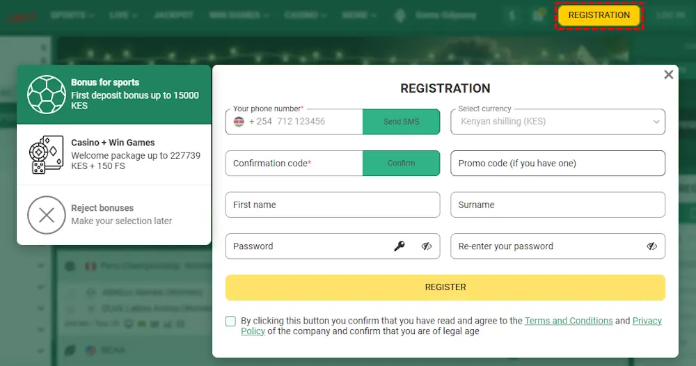 Betwinner Registration Screenshot