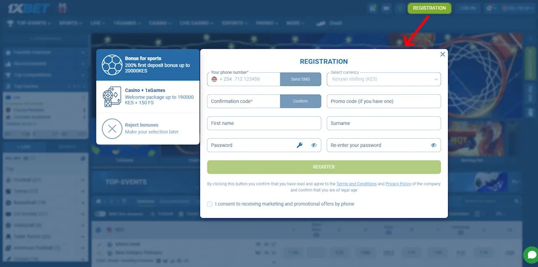 1xBet Registration Screenshot