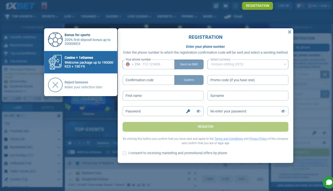 1xBet Registration Screenshot