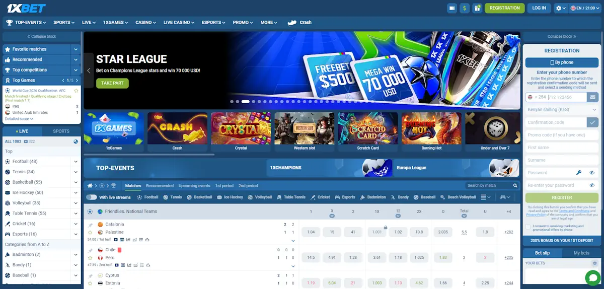 1xBet Homepage Screenshot