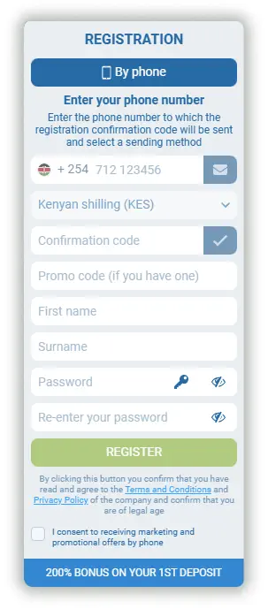 1xBet phone number registration Screenshot