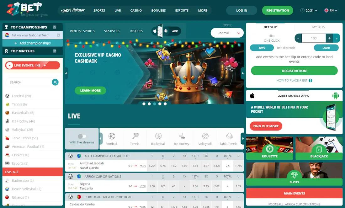 22Bet Sportsbook Screenshot